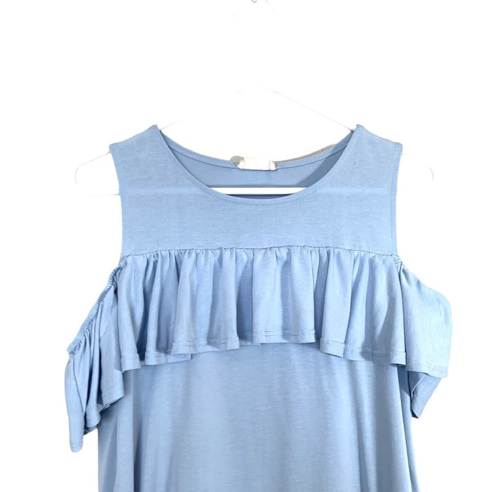 Altar’d State Solid Powder Blue Cold Shoulder Ruffled Shift Dress Small - Picture 4 of 15